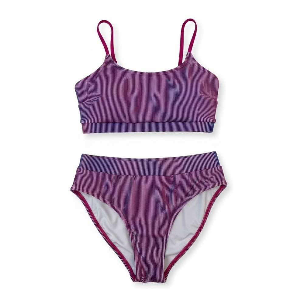 Cupshe NWT‎ Neon Pink Purple Ribbed Scoop Neck High Waisted Bikini Set Small S